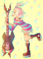 Rule 34 | 10s, 1girl, bad id, bad pixiv id, bare shoulders, bass guitar, blue eyes, boots, creatures (company), dress, game freak, guitar, gym leader, hair bobbles, hair ornament, instrument, nintendo, piany, pink hair, pokemon, pokemon bw2, roxie (pokemon), short dress, solo, striped clothes, striped dress, topknot, white hair