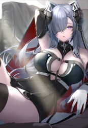 Rule 34 | 1girl, :o, absurdres, arm up, august von parseval (azur lane), azur lane, bare shoulders, between breasts, black dress, black horns, black thighhighs, breasts, cleavage, clothing cutout, commentary request, couch, cross, cross-laced clothes, cross-laced dress, curled horns, dress, gloves, hair over one eye, highres, horns, iron blood (emblem), large breasts, long hair, looking at viewer, mechanical horns, on couch, purple eyes, sankyo (821-scoville), solo, strap between breasts, thighhighs, thighs, two-tone dress, very long hair, white gloves