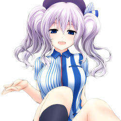 Rule 34 | 10s, 1girl, :d, beret, blue eyes, breasts, commentary request, employee uniform, hat, highres, kantai collection, kashima (kancolle), large breasts, lawson, looking at viewer, open mouth, short sleeves, sidelocks, silver hair, smile, solo, uniform, watarui, wavy hair, white background