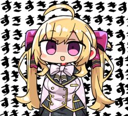 Rule 34 | 1girl, :d, ahoge, black skirt, blonde hair, bow, breasts, chibi, empty eyes, hair bow, jacket, kanikama, long hair, looking at viewer, lowres, medium breasts, nijisanji, open mouth, pleated skirt, purple bow, purple eyes, simple background, skirt, smile, solo, takamiya rion, takamiya rion (1st costume), text background, translation request, twintails, very long hair, virtual youtuber, white background, white bow, white jacket