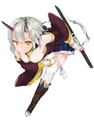 Rule 34 | 1girl, boots, breasts, downblouse, highres, horns, katana, leaning forward, monobe tsukuri, original, pointy ears, scabbard, sheath, silver hair, simple background, smile, solo, sword, thighhighs, weapon, white background, white thighhighs, yellow eyes
