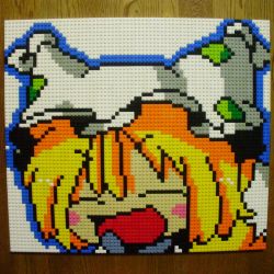 Rule 34 | 1girl, :d, blonde hair, blush stickers, derivative work, closed eyes, female focus, fox tail, hat, highres, lego, lego (medium), multiple tails, open mouth, photo (medium), pixel art, smile, solo, table, tail, touhou, unconventional media, yakumo ran, you rei (blowback)