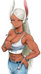 Rule 34 | 1girl, abs, animal ears, bare shoulders, belt, boku no hero academia, bracelet, breasts, chain, chain necklace, cleavage, closed mouth, collarbone, commentary, copyright name, crop top, dark-skinned female, dark skin, denim, ear piercing, fingernails, hand on own chest, highres, jeans, jewelry, large breasts, long eyelashes, long hair, looking at viewer, midriff, mirko, navel, necklace, off shoulder, pants, piercing, rabbit ears, rabbit girl, red eyes, ring, solo, strap slip, swept bangs, tank top, toned, tsukumo momo, veins, veiny arms, white background, white hair, white tank top