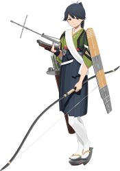Rule 34 | 1girl, arrow (projectile), black hair, black hakama, bow (weapon), flight deck, full body, green kimono, hakama, hakama skirt, houshou (kancolle), houshou kai ni (kancolle), japanese clothes, kantai collection, kimono, official art, pantyhose, ponytail, quiver, shibafu (glock23), skirt, tasuki, weapon