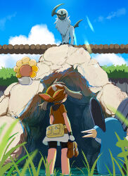 1girl absol bag bandana bike_shorts bike_shorts_under_skirt bridge brown_hair castform castform_(sunny) cave cloud cloudy_sky commentary creatures_(company) fanny_pack from_below game_freak gen_3_pokemon gloves grass highres holding holding_shoes looking_down looking_up may_(pokemon) medium_hair nintendo outdoors pokemon pokemon_(creature) pokemon_rse popcorn_91 red_bandana red_eyes red_shirt shirt shoes short_sleeves skirt sky sunlight swampert unworn_shoes wading white_fur white_gloves white_skirt yellow_bag