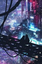 Rule 34 | building, cat, city, city lights, cityscape, neon lights, night, no humans, original, outdoors, power lines, reason (mark-of-the-unicorn), rooftop, scenery, science fiction, silhouette, sitting, skyscraper