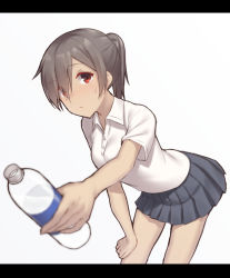 Rule 34 | 1girl, blush, bottle, brown hair, giving, hand on own thigh, letterboxed, looking at viewer, mikazuchi zeus, original, pleated skirt, polo shirt, ponytail, red eyes, religious offering, school uniform, short hair, simple background, skirt, solo, water, water bottle