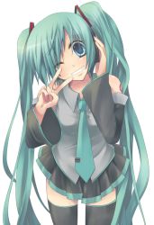 Rule 34 | 1girl, amamine, aqua eyes, aqua hair, bad face, bad id, bad pixiv id, detached sleeves, female focus, grin, hatsune miku, headphones, long hair, necktie, one eye closed, simple background, skirt, smile, solo, thighhighs, twintails, v, very long hair, vocaloid, white background, wink