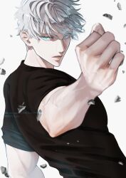 Rule 34 | 1boy, artist name, bishounen, black shirt, blue eyes, clenched hand, fighting stance, floating hair, gojou satoru, highres, jujutsu kaisen, looking at viewer, male focus, parted lips, reaching, reaching towards viewer, s0311 tre, shirt, simple background, solo, upper body, veins, veiny arms, veiny hands, watermark, white background, white hair