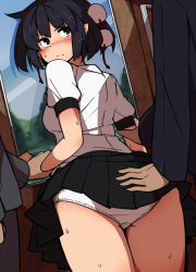 Rule 34 | &gt;:(, 1girl, 2boys, arm grab, ass, black hair, black skirt, blush, chikan, closed mouth, cowboy shot, frown, hand on another&#039;s ass, himeshita johnny mafuyu, looking at another, mid win h, molestation, multiple boys, panties, pantyshot, pointy ears, pom pom (clothes), puffy short sleeves, puffy sleeves, red eyes, shameimaru aya, shirt, short sleeves, skirt, solo focus, standing, sweat, touhou, train interior, underwear, v-shaped eyebrows, white panties, white shirt