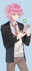 Rule 34 | !, 1boy, black suit, blue background, dear vocalist, grey hair, highres, holding, holding phone, long sleeves, looking at phone, looking down, male focus, necktie, pale skin, phone, pink hair, ptping, re-o-do, shirt, solo, suit, text messaging, white shirt