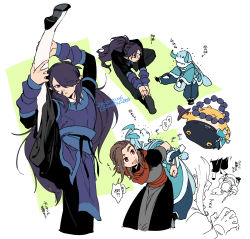 Rule 34 | 4boys, aqua hair, aqua horns, brown hair, fengxi (the legend of luoxiaohei), hair over one eye, highres, horns, jewelry, long hair, luozhu (the legend of luoxiaohei), multiple boys, necklace, pointy ears, purple hair, red eyes, split, standing, standing on one leg, standing split, stretching, luo xiaohei zhanji, tianhu (the legend of luoxiaohei), very long hair, vox, xuhuai (the legend of luoxiaohei)