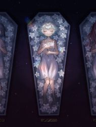 Rule 34 | 3girls, alternate costume, bad feet, bare shoulders, barefoot, black hair, closed mouth, coffin, commentary request, curly hair, dress, closed eyes, flower, green hair, halogenfluorite, hand on own chest, highres, knees together feet apart, long hair, lying, made in abyss, made in abyss runes, multicolored hair, multiple girls, on back, out of frame, prushka, red hair, short hair, short sleeves, smile, spaghetti strap, sparkle, spotlight, streaked hair, sundress, twitter username, white dress, white flower, white hair