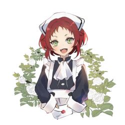 Rule 34 | 1girl, aisha greyrat, apron, black dress, dress, fang, flower, highres, holding, holding letter, letter, looking at viewer, maid, maid apron, maid headdress, mushoku tensei, red hair, short hair, simple background, sleeves past wrists, smile, solo, upper body, wax seal, white apron, white background, white headdress, yanti