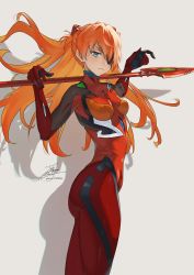 Rule 34 | 1girl, ass, blue eyes, blush, bodysuit, breasts, evangelion: 3.0 you can (not) redo, eyepatch, fadingz, grey background, highres, holding, holding polearm, holding weapon, interface headset, long hair, looking at viewer, neon genesis evangelion, orange hair, pixiv id, plugsuit, polearm, rebuild of evangelion, red bodysuit, shadow, signature, simple background, solo, souryuu asuka langley, spear of cassius, tsundere, two side up, very long hair, weapon, wide hips