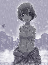 Rule 34 | 1girl, arms behind back, artist logo, bra, breasts, brown eyes, brown hair, cityscape, closed mouth, clothes around waist, commentary, covered navel, girls und panzer, grey sky, highres, jumpsuit, kainushi, looking at viewer, mechanic, monochrome, nakajima (girls und panzer), one-hour drawing challenge, outdoors, purple theme, rain, see-through, shirt, short hair, short sleeves, sky, small breasts, smile, solo, standing, t-shirt, underwear, wet, wet clothes, wet hair, wet shirt, white shirt