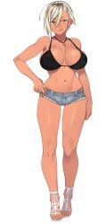 Rule 34 | 1girl, 23 (real xxiii), :q, ahoge, arm at side, asymmetrical bangs, bikini, bikini top only, black bikini, breasts, brown eyes, closed mouth, collarbone, commentary request, covered erect nipples, cutoffs, dark-skinned female, dark skin, denim, denim shorts, earrings, full body, game cg, hair between eyes, hand on own hip, highres, jewelry, kanobitch, katagiri mai, large breasts, light brown hair, looking at viewer, navel, necklace, short hair, short shorts, short sleeves, shorts, simple background, single sidelock, smile, solo, standing, swimsuit, tongue, tongue out, white background, white footwear