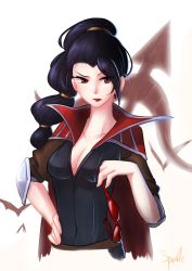 Rule 34 | 1girl, black hair, bodysuit, bow (weapon), breasts, brown eyes, cleavage, collarbone, covered navel, crossbow, elbow pads, hair tie, hand on own hip, league of legends, lips, lipstick, looking away, makeup, medium breasts, ponytail, signature, sleeves rolled up, solo, spark (artist), sunglasses, vayne (league of legends), weapon