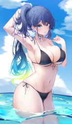 Rule 34 | 1girl, absurdres, aqua hair, arm behind head, arm up, armpits, bare shoulders, bikini, black bikini, blue eyes, blue hair, blue sky, blush, breasts, cleavage, cloud, commentary request, front-tie bikini top, front-tie top, gradient hair, green hair, hair between eyes, halterneck, hand up, highres, komupi, large breasts, legs together, light smile, long hair, looking at viewer, multicolored hair, natsumi (komupi), navel, ocean, original, parted lips, partially underwater shot, ponytail, red hair, side-tie bikini bottom, sidelocks, skindentation, sky, solo, stomach, strap pull, string bikini, summer, swimsuit, thighs, wading, wet, wet clothes, wet hair, wet swimsuit