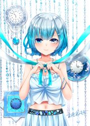 Rule 34 | 1girl, bare arms, bare shoulders, blue camisole, blue eyes, blue hair, blue ribbon, blue skirt, blush, bracelet, camisole, clock, closed mouth, commentary request, fingernails, gem, hair between eyes, hair ornament, hairclip, highres, jewelry, omoomomo, original, pendant, pleated skirt, revision, ribbon, roman numeral, signature, skirt, smile, solo