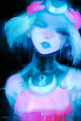 Rule 34 | 1girl, alex chow, black background, black sclera, blue theme, colored sclera, commentary, crescent, hades (series), hades 2, half-closed eyes, heterochromia, highres, looking at viewer, melinoe (hades), mismatched sclera, parted lips, portrait, red eyes, shiny skin, short hair, sleeveless, solo, surreal, thick lips