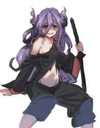Rule 34 | 1girl, black pants, bow (bhp), copyright request, hair between eyes, hair horns, holding, holding sword, holding weapon, invisible chair, katana, long hair, long sleeves, looking at viewer, navel, pants, planted sword, planted, purple hair, red eyes, shaded face, simple background, single bare shoulder, sitting, smile, solo, sword, weapon, white background