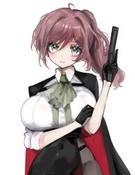 Rule 34 | 1girl, absurdres, alternate costume, ascot, black gloves, black jacket, black skirt, blush, bodystocking, breasts, brown hair, collared shirt, commission, covered navel, fortissimo, gloves, green ascot, green eyes, gun, hair ornament, head tilt, highres, holding, holding gun, holding weapon, indie virtual youtuber, jacket, jacket on shoulders, large breasts, miori celesta, musical note, musical note hair ornament, parted lips, ponytail, shirt, shishamosama, skeb commission, skirt, smile, solo, star (symbol), star in eye, symbol in eye, upper body, virtual youtuber, weapon, white background, white shirt