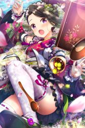Rule 34 | 1girl, :o, absurdres, alternative girls, black hair, bowl, cup, day, field, floral print, flower, flower field, highres, looking at viewer, official art, open mouth, ponytail, purple eyes, saionji rei, solo, spoon, white legwear