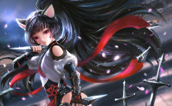 Rule 34 | 1girl, animal ear fluff, animal ears, arm up, black gloves, black hair, black leotard, cat ears, cherry blossoms, dual wielding, elbow gloves, elin, fighting stance, fingerless gloves, from side, gloves, holding, ji-hyun ro, kunai, leotard, leotard under clothes, long hair, looking at viewer, no tail, official art, petals, ponytail, red eyes, shirt, solo, sword, tera online, upper body, very long hair, weapon, white shirt, wind