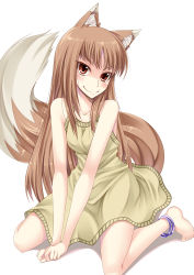Rule 34 | 00s, 1girl, animal ears, anklet, barefoot, feet, holo, ichijou hitoshi, jewelry, kneeling, long hair, red eyes, smile, solo, spice and wolf, tail, wolf ears, wolf tail
