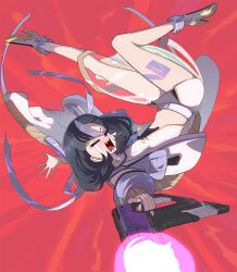 Rule 34 | 1girl, black hair, black shirt, breasts, closed eyes, crying, earrings, firing, goddess of victory: nikke, hair ribbon, highres, holding, holding weapon, jacket, jewelry, leg tattoo, looking at viewer, mole, mole under eye, multicolored hair, necktie, off-shoulder jacket, off shoulder, open mouth, purple hair, purple jacket, purple necktie, purple ribbon, red background, ribbon, shirt, short hair, short necktie, skirt, small breasts, solo, streaked hair, syope, syuen (nikke), tattoo, triangle earrings, two-tone shirt, weapon, white shirt, white skirt