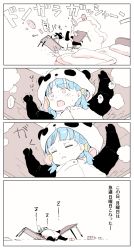 Rule 34 | 1girl, 4koma, animal costume, animal ears, animal hood, arms up, bed, blue hair, blush, bottle, broken, brown eyes, comic, cosplay, crescent, crescent hair ornament, fake animal ears, gomennasai, hair ornament, hood, hood up, kigurumi, nose bubble, open mouth, original, panda costume, panda ears, panda hood, parted lips, pillow, sleeping, sweat, table, translation request, zzz