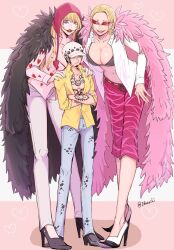 Rule 34 | 1boy, 2girls, arm tattoo, black bra, blonde hair, bra, breasts, chest tattoo, cleavage, closed mouth, coat, collarbone, commentary request, crossed arms, denim, donquixote doflamingo, donquixote rocinante, earrings, facial hair, facial tattoo, feather coat, full body, genderswap, genderswap (mtf), goatee, hands on another&#039;s shoulders, hat, heart, heart print, height difference, high heels, jeans, jewelry, large breasts, lipstick, long hair, looking at another, makeup, multiple girls, nashieda, navel, one piece, open clothes, open mouth, open shirt, pants, pectorals, pink coat, red-tinted eyewear, red lips, shirt, shoes, short hair, siblings, sisters, size difference, smile, standing, sunglasses, tattoo, tinted eyewear, trafalgar law, underwear, white-framed eyewear, yellow eyes, yellow shirt