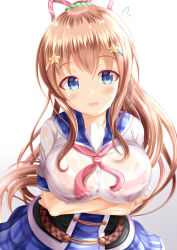 Rule 34 | 1girl, arms behind back, black vest, blue eyes, blue sailor collar, blue skirt, blush, bra, bra visible through clothes, breast hold, breasts, brown hair, commentary request, gradient background, grey background, hair between eyes, hair ornament, hair ribbon, hairclip, highres, large breasts, looking at viewer, original, parted lips, pink neckwear, pink ribbon, plaid, plaid sailor collar, plaid skirt, ponytail, red bra, ribbon, sailor collar, see-through, shirt, short sleeves, skirt, solo, star (symbol), star hair ornament, underwear, vest, wet, wet clothes, wet shirt, white background, white shirt, xenon (for achieve)