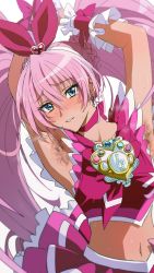 Rule 34 | 1girl, absurdres, armpit hair, armpits, arms up, blue eyes, blush, cure melody, earrings, embarrassed, frilled skirt, frills, highres, houjou hibiki, ishii takamori, jewelry, looking at viewer, pink hair, precure, ribbon, skirt, suite precure, sweat, tears