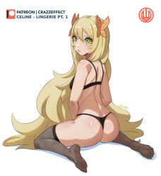 Rule 34 | 1girl, ass, bare arms, bare shoulders, black bra, black panties, blonde hair, bra, celine (fire emblem), commentary request, crazzeffect, fire emblem, fire emblem engage, green eyes, grey thighhighs, hair between eyes, highres, long hair, looking at viewer, nintendo, no headwear, no shoes, panties, parted lips, simple background, sitting, solo, thighhighs, thighs, underwear, underwear only, very long hair, wariza, white background