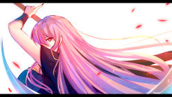Rule 34 | 1girl, arm above head, breasts, from side, hair between eyes, highres, hololive, hololive english, large breasts, letterboxed, long hair, looking at viewer, mori calliope, over shoulder, petals, pink eyes, pink hair, solo, tianshiko, upper body, very long hair, virtual youtuber, white background
