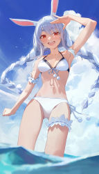 Rule 34 | 1girl, :d, absurdres, animal ear fluff, animal ears, arm garter, arm up, bare shoulders, bikini, blue hair, blush, braid, bridal garter, cloud, cloudy sky, cumulonimbus cloud, day, highres, hololive, long hair, looking at viewer, modare, open mouth, outdoors, rabbit ears, red eyes, round teeth, shading eyes, short eyebrows, sky, smile, solo, swimsuit, teeth, thick eyebrows, thighs, twin braids, twintails, upper teeth only, usada pekora, very long hair, virtual youtuber, wading, water, white bikini, white hair