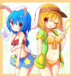 Rule 34 | 2girls, ?, ^^^, animal ears, bare arms, bikini, blonde hair, blue hair, blush, breasts, cleavage, closed mouth, cowboy shot, crescent, dango, food, front-tie bikini top, front-tie top, hair between eyes, hair ornament, hairclip, hand in pocket, hand on own arm, highres, holding, holding food, hood, hoodie, inon, long hair, looking at another, medium breasts, mouth hold, multiple girls, navel, one eye closed, pocket, rabbit ears, red eyes, ringo (touhou), see-through, seiran (touhou), short hair, short sleeves, small breasts, star (symbol), striped bikini, striped clothes, swimsuit, touhou, visor cap, wagashi, yellow bikini