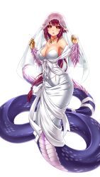 Rule 34 | 1girl, basilisk (monster girl encyclopedia), black sclera, blush, breasts, bridal veil, claws, cleavage, colored sclera, dress, earrings, highres, jewelry, lamia, large breasts, long hair, looking at viewer, midnight (banyex), monster girl, monster girl encyclopedia, necklace, off shoulder, pointy ears, red eyes, red hair, scales, simple background, smile, solo, strapless, strapless dress, veil, wedding dress