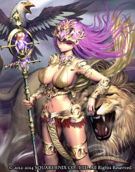 Rule 34 | 1girl, :|, arm rest, armlet, bird, breasts, closed mouth, eagle, gem, glint, grey sky, guardian cross, headpiece, holding, holding staff, large breasts, lion, long hair, looking at viewer, nail polish, navel, official art, open mouth, outdoors, purple hair, raypass, red eyes, red nails, sky, staff, standing, thighlet, watermark
