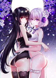 Rule 34 | 2girls, absurdres, ass, bandeau, baocaizi, bare arms, bare shoulders, black hair, black legwear, black leotard, blush, bow, bow panties, commentary request, crying, crying with eyes open, female focus, flower, glowing, hair between eyes, hair flower, hair ornament, highres, hug, lace, lace-trimmed legwear, lace trim, leotard, long hair, multiple girls, original, panties, parted lips, purple eyes, purple flower, purple rose, red eyes, ribbon-trimmed panties, rose, short hair, silver hair, tears, thighhighs, underwear, very long hair, white bandeau, white flower, white panties, yuri