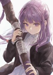 Rule 34 | 1girl, aonh 412, black jacket, closed mouth, dress, expressionless, fern (sousou no frieren), fingernails, hair between eyes, highres, holding, holding staff, jacket, long hair, looking at viewer, purple eyes, purple hair, sidelocks, simple background, solo, sousou no frieren, staff, upper body, white background, white dress