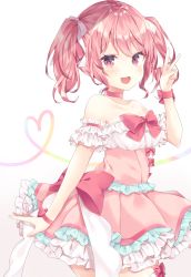 Rule 34 | 1girl, :d, bang dream!, bare shoulders, blush, bow, breasts, choker, collarbone, detached sleeves, dress, frilled dress, frills, gradient background, grey background, hair bow, hand up, heart, highres, komomo (ptkrx), looking at viewer, maruyama aya, open mouth, pink bow, pink choker, pink dress, pink hair, pleated dress, red eyes, sidelocks, small breasts, smile, solo, strapless, strapless dress, twintails, v, white background, white bow, wrist bow