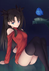 Rule 34 | 1girl, arm behind back, bare shoulders, bird, black hair, black panties, black thighhighs, blue bird, blue eyes, bound, bound wrists, breasts, clenched hand, closed mouth, commentary request, crest worm, fate/stay night, fate (series), feet out of frame, frown, hair ornament, hair ribbon, knees up, long hair, long legs, no pants, panties, red shirt, revision, ribbon, shirt, sitting, small breasts, string, string of fate, thighhighs, thighs, thread, tohsaka rin, tsuki suigetsu, two side up, underwear