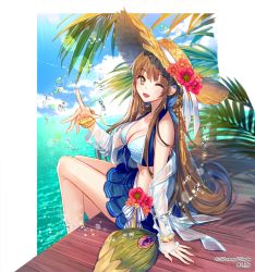 Rule 34 | 1girl, blue bow, blue ribbon, blush, bow, breasts, brown hair, cleavage, copyright name, flower, gem, green eyes, hat, hat bow, hat flower, hat ribbon, large breasts, long hair, looking at viewer, ocean, one eye closed, open mouth, pink hat, ribbon, sid story, sila (carpen), sitting, smile, solo, straw hat, sun hat, sunset