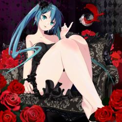 Rule 34 | 1girl, alcohol, bad id, bad pixiv id, barefoot, blue eyes, blue hair, cup, dress, drinking glass, flower, green hair, hatsune miku, legs, long hair, matching hair/eyes, red flower, red rose, rose, shuku, sitting, solo, twintails, very long hair, vocaloid, wine, wine glass