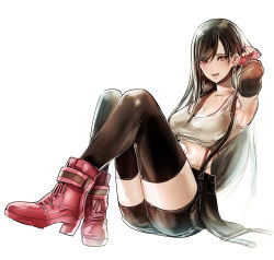 Rule 34 | 1girl, absurdres, ankle boots, black hair, black shorts, black skirt, black thighhighs, boots, breasts, commentary, earrings, final fantasy, final fantasy vii, fingerless gloves, full body, gloves, high heel boots, high heels, highres, jewelry, knees up, long hair, looking at viewer, medium breasts, midriff, miniskirt, open mouth, red eyes, red footwear, shoji sakura, shorts, simple background, sitting, skirt, smile, solo, suspender skirt, suspenders, tank top, thighhighs, tifa lockhart, white background