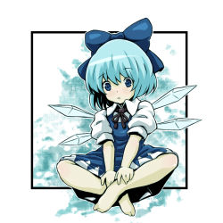 Rule 34 | 1girl, bad id, bad pixiv id, barefoot, blue eyes, blue hair, blush, bow, cirno, frown, hair bow, hands on feet, indian style, crossed legs, matching hair/eyes, sitting, solo, embodiment of scarlet devil, touhou, tsuttsu, wings