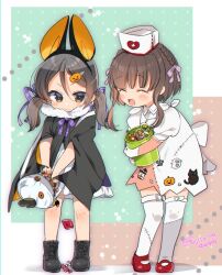 Rule 34 | 2girls, animal ears, black footwear, black hair, blush, boots, brown eyes, brown hair, bucket, candy, closed eyes, closed mouth, dress, fake animal ears, food, fujii rino, gloves, hair ornament, hair ribbon, hairclip, halloween costume, hat, heart, holding, inagi (kancolle), kantai collection, multiple girls, nurse, nurse cap, off shoulder, open mouth, purple ribbon, red footwear, ribbon, shoes, short hair with long locks, short sleeves, simple background, standing, thighhighs, twintails, twitter username, ukuru (kancolle), white gloves, white thighhighs